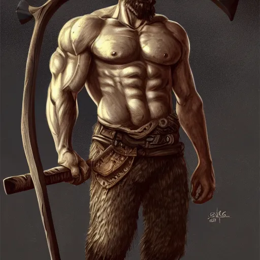 Prompt: portrait of a rugged warrior swinging an axe, muscular, upper body, hairy torso, D&D, fantasy, intricate, elegant, highly detailed, digital painting, artstation, concept art, matte, sharp focus, illustration