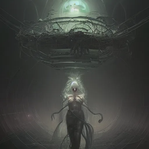 Prompt: reaper shackled in the void, by hr beeple and cgsociety. stunning goddess of speed charlie bowater and tom bagshaw, insanely detailed, artstation, space art. atoms surrounded by skulls and spirits deep under the sea, horror, creepy, dead space, sci - fi, surrealist painting, by peter mohrbacher