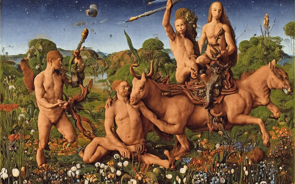 Image similar to a portrait photograph of a meditating satyr and a centaur monk riding a rocket machine and hunting at a river delta. surrounded by bulbous flowers and trees. mountain range under a blue sky of fiery stars. by jan van eyck, max ernst, ernst haeckel, ernst fuchs and artgerm, cgsociety, fashion editorial, 8 k