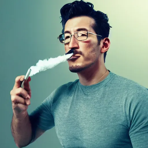 Image similar to a closeup photo of handsome gigachad markiplier smoking a cigar, 8k photorealism, extremly detailed, trending on artstation