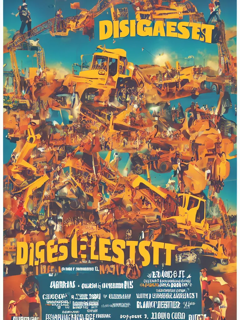Prompt: poster for the diggerfest festival, digger land amusement park, concert, couple dancing, really good vibes, creative, 2 0 0 0 s, aesthetic