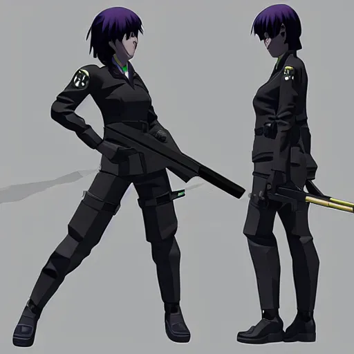 Image similar to Anime Major motoko kusanagi in all black uniform wielding a rifle, low poly