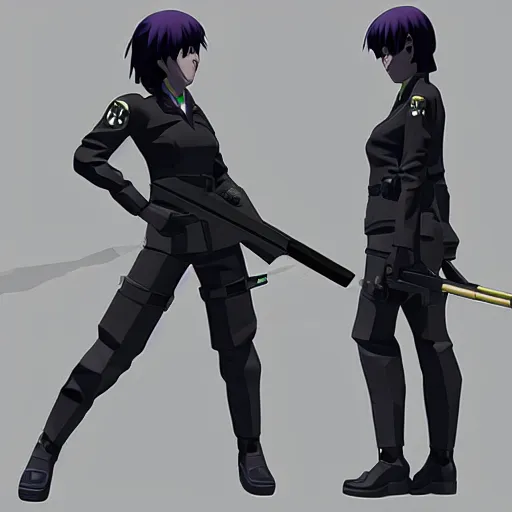 Anime Major motoko kusanagi in all black uniform,, Stable Diffusion