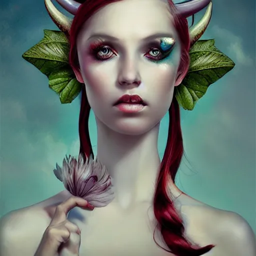 Prompt: of a woman, surreal Portrait inspired by Natalie Shau, Anna dittmann, plants growing on the head, horns,cinematic