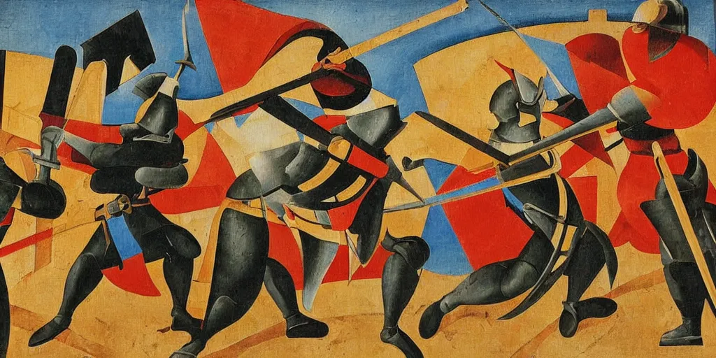Image similar to italian futurism style painting of medieval knights dueling