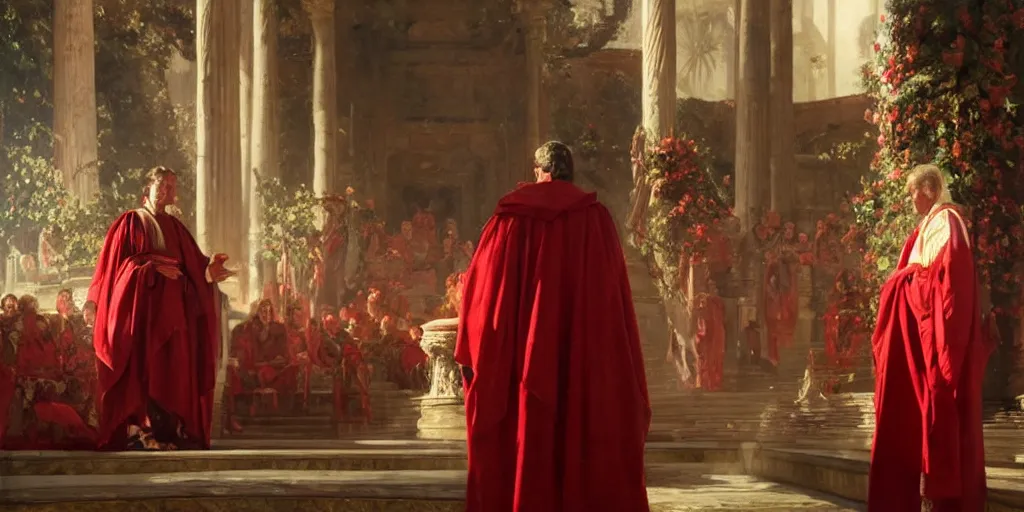 Image similar to beautiful oil painting, steve buscemi in royal crimson robes enthroned as the god emperor of ancient rome a golden wreath upon his head, by anders zorn, wonderful masterpiece by greg rutkowski, beautiful cinematic light, american romanticism, by thomas lawrence, greg rutkowski