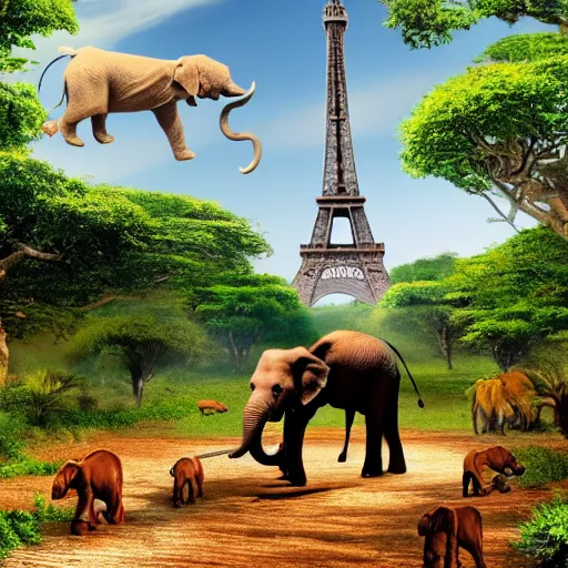 Image similar to very small dog in a high speed chase with an elephant out in the african jungle with a watering hole and eiffel tower in the background, 8k, 4k, high detail