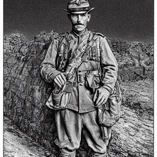 Image similar to a detailed photorealistic sepia - toned color line drawing of a 1 9 1 7 worried clean - shaven british lieutenant in detailed field gear not wearing a hat in wadi rum, ultra realistic, painted, intricate details, lovecraft, atmospheric, dark, horror, brooding, highly detailed, by clyde caldwell