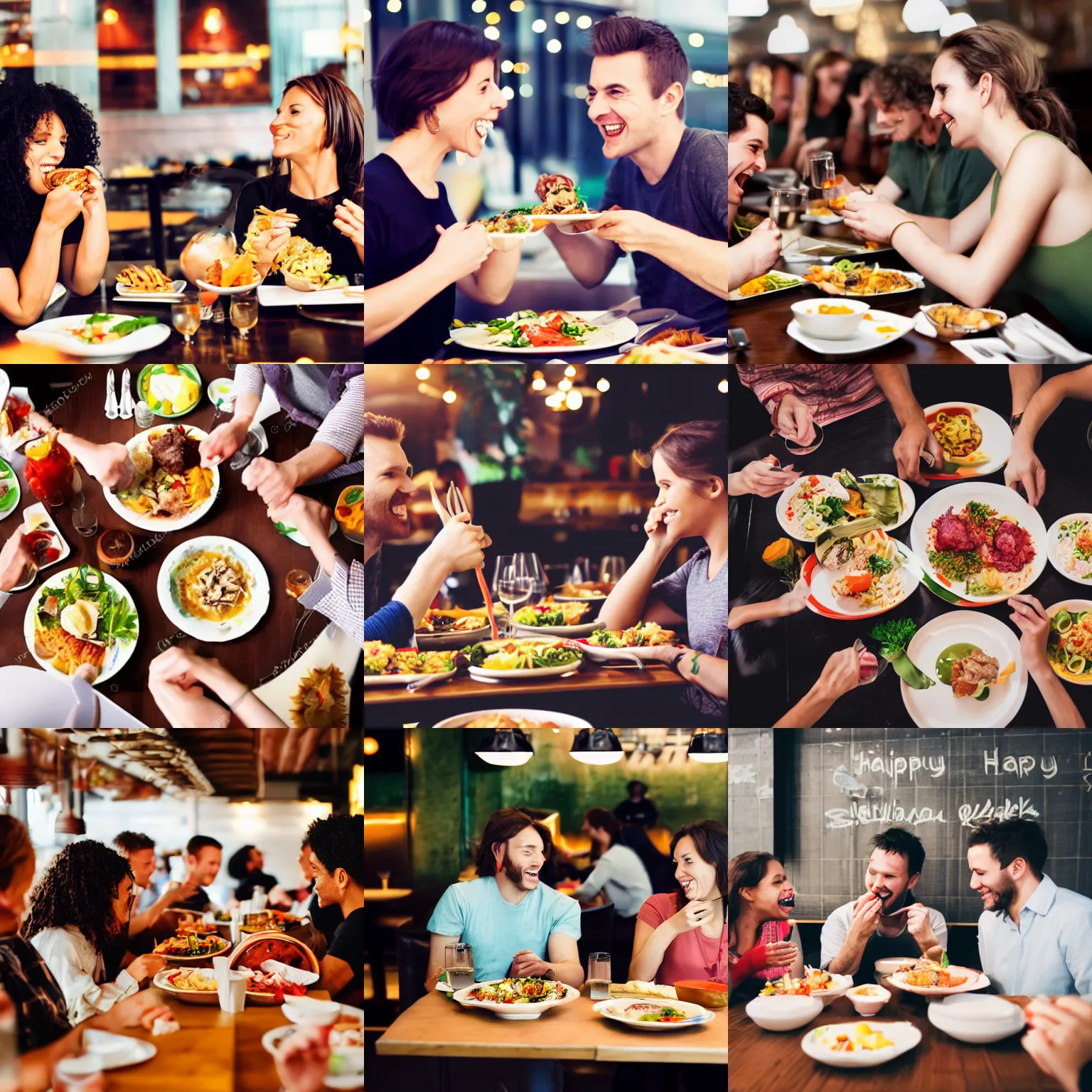 Prompt: Photostock of happy cannibals eating in a restaurant