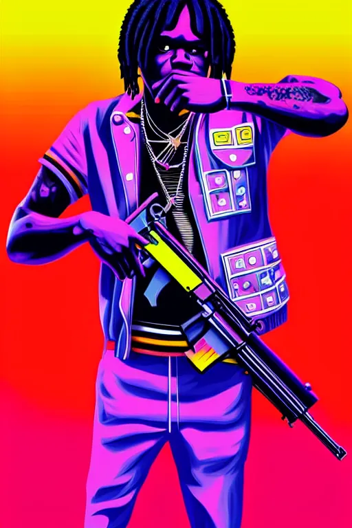 Image similar to chief keef with riffle, gta vice city style art, pop art, no duplicate image, glowing lights, ultra details, ultra realistic, digital painting, artstation, concept art, smooth, sharp focus, illustration, intecrate details, art by richard hamilton and mimmo rottela, pixels art by kirokaze and paul robertson