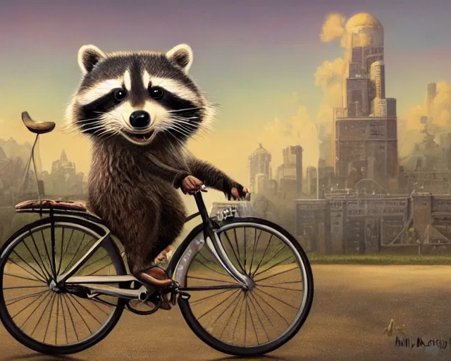 Image similar to highly detailed matte painting of a happy raccoon riding a bicycle by mark ryden, lowbrow, 8 k resolution.