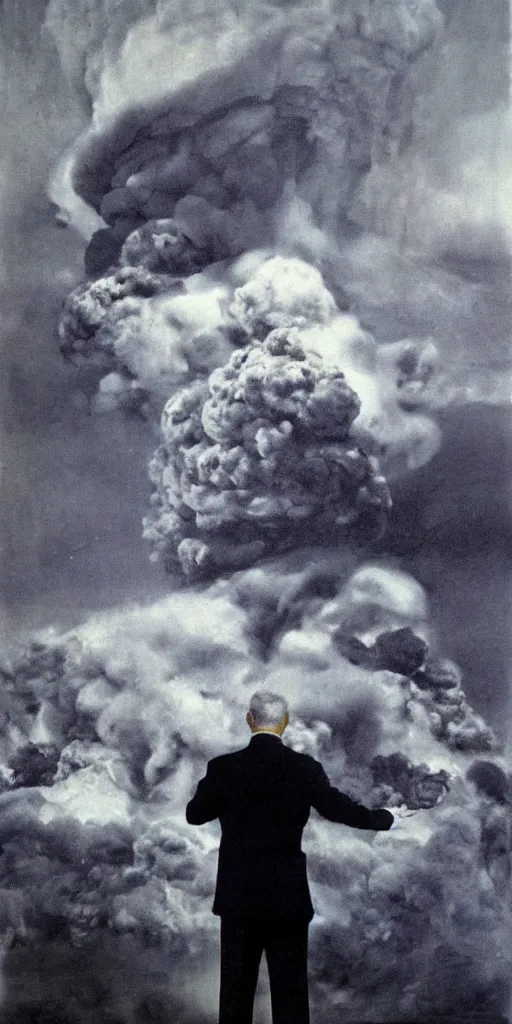 Prompt: United States President viewing the destruction of the Capital, Nuclear Cloud, 1958, Oil on Canvas, Antiwar, full body