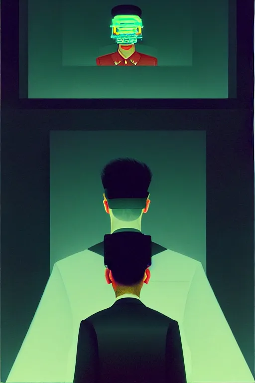 Image similar to north korean hacker wearing oculus and digital glitch head edward hopper and james gilleard zdzislaw beksisnski higly detailed