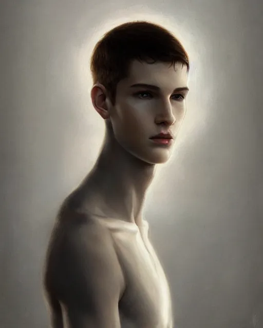 Image similar to portrait of 1 5 - year - old boy, a tall, slender boy with a pale, pointed face, sleek blond hair, and ice grey eyes, cold grey eyes, highly detailed, digital painting, artstation, concept art, smooth, sharp focus, illustration, art by artgerm and greg rutkowski and alphonse mucha