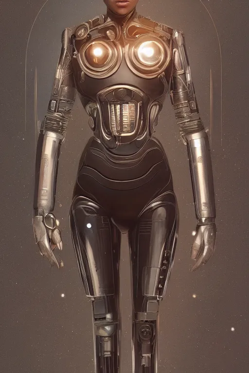 Image similar to full figure portrait of a female android made of chrome and woodgrain, lean sleek styling, feminine curves, reflective, inscribed etched with gnostic runes, by jessica rossier