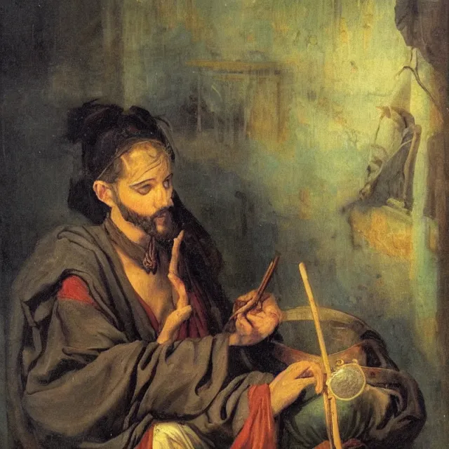 Image similar to orientalist painting of disheveled sunken - eyed sorcerer painter