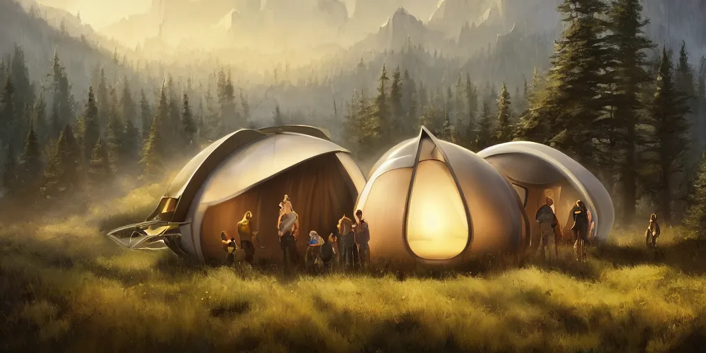 Image similar to cabela's tent futuristic pop up family pod, cabin, modular, person in foreground, mountainous forested wilderness open fields, beautiful views, painterly concept art, joanna gaines, environmental concept art, farmhouse, magnolia, concept art illustration by ross tran, by james gurney, by craig mullins, by greg rutkowski trending on artstation