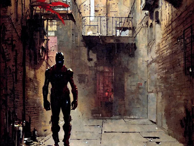 Prompt: ironman in an alley by mead schaeffer