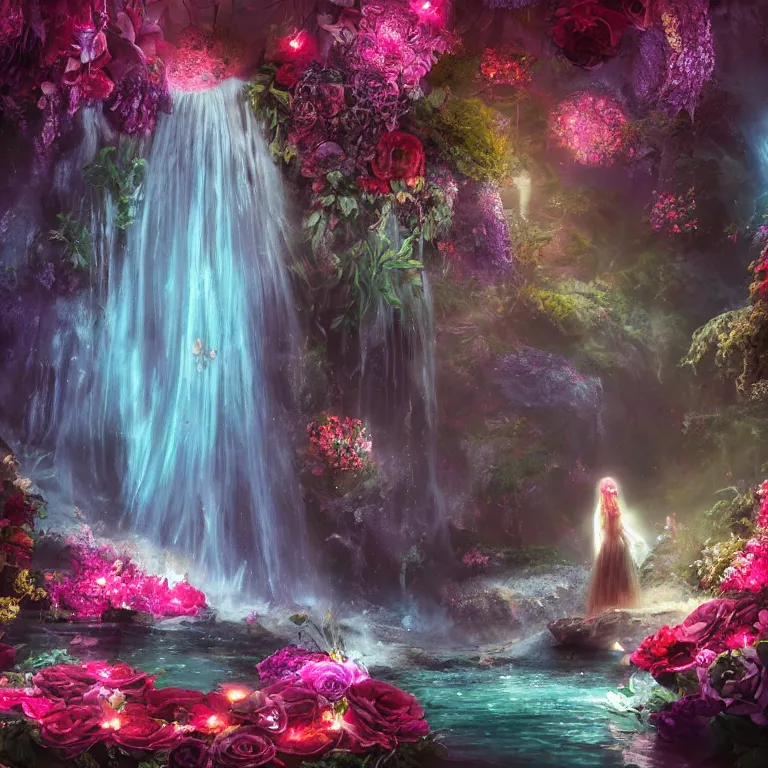 Image similar to oil painting, rich deep colors masterpiece, waterfall, gray, pink, ultra detailed, beautiful fantasy cave scene, contrast, firefly lights, neon drops, neon stones, redheaded flower girl and dress made of fresh flowers, roses, lilies, volumetric light, neon signs, atmospheric lighting, dramatic, cinematic, steampunk, moody, octane render 4 k, 8 k