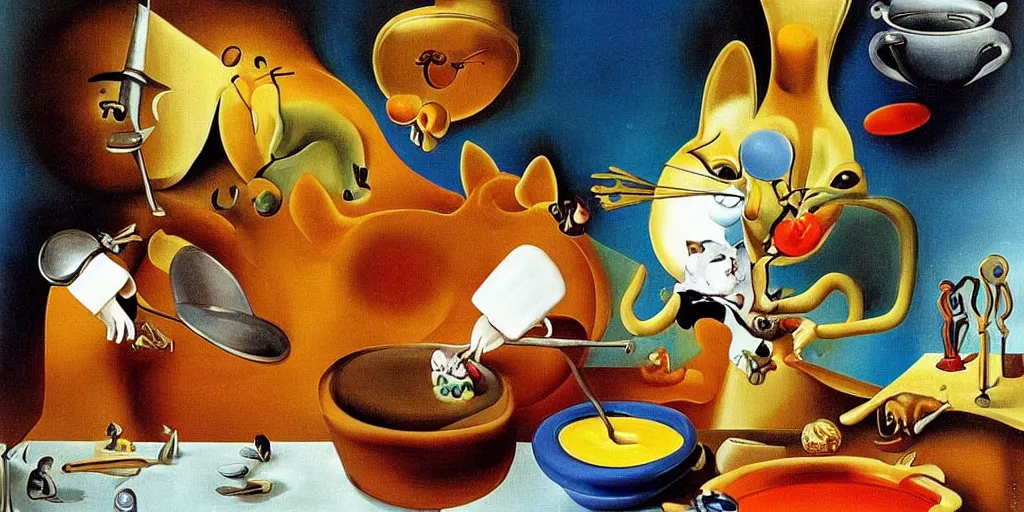 Prompt: anthropomorphic cat chef cooking a delicious colorful soup, by Salvador Dali