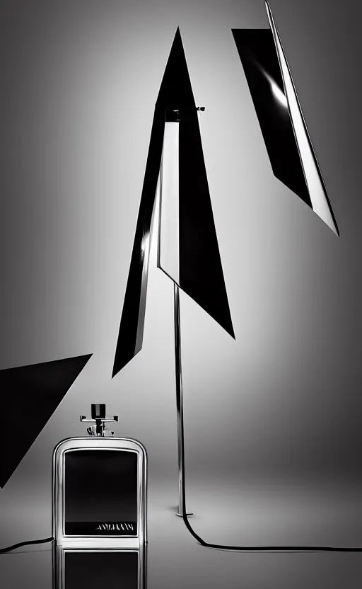 Image similar to a table lamp designed by armani in the shape of perfume, advertising photography