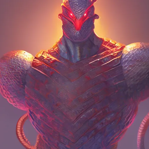 Image similar to upper body illustration of an antropomorphic snake knight, evil look, strong chest, scales, muscular body, mattepainting concept blizzard pixar maya engine on stylized background splash comics global illumination lighting artstation, sharp focus, lois van baarle, ilya kuvshinov, rossdraws