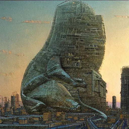 Image similar to concept art of a huge cat - like building in the middle of a city, by moebius