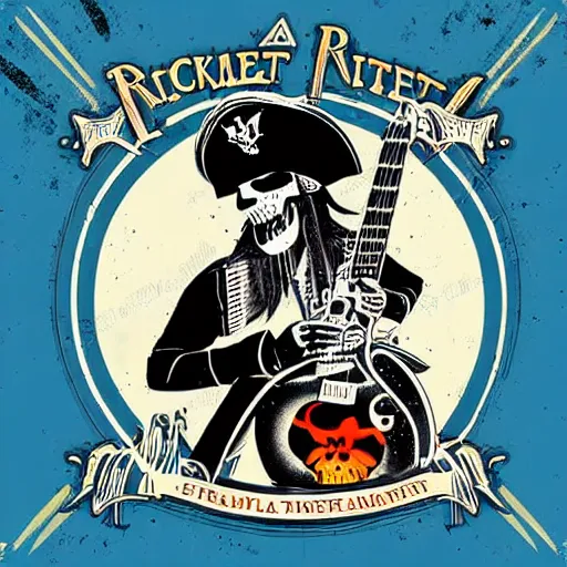 Image similar to rock album cover of a pirate playing an electric guitar onboard his ship