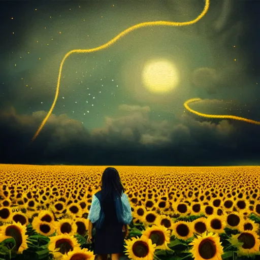 Image similar to huge sunflower as a face, girl walking in wheat field, hills, surreal photography, dark night, star trails, dramatic light, impressionist painting, clouds, digital painting, artstation, simon stalenhag