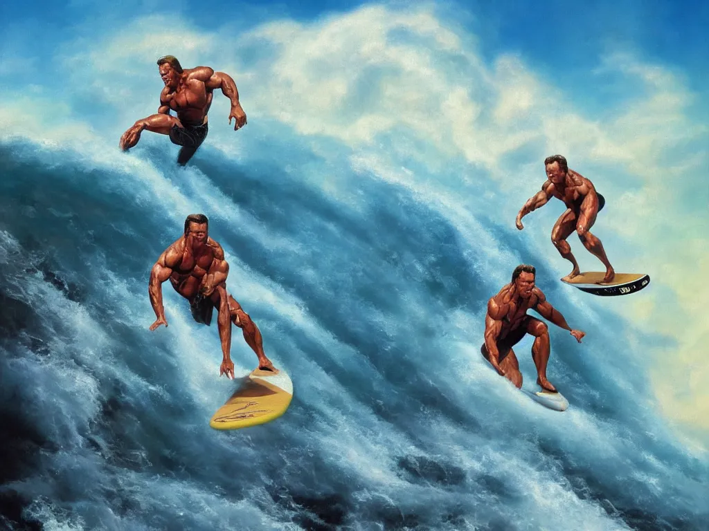 Image similar to arnold schwarzenegger surfing on lava wave by boris vallejo, stunning scene, 8 k, digital painting, hyperrealism, bright colors, trending on artstation