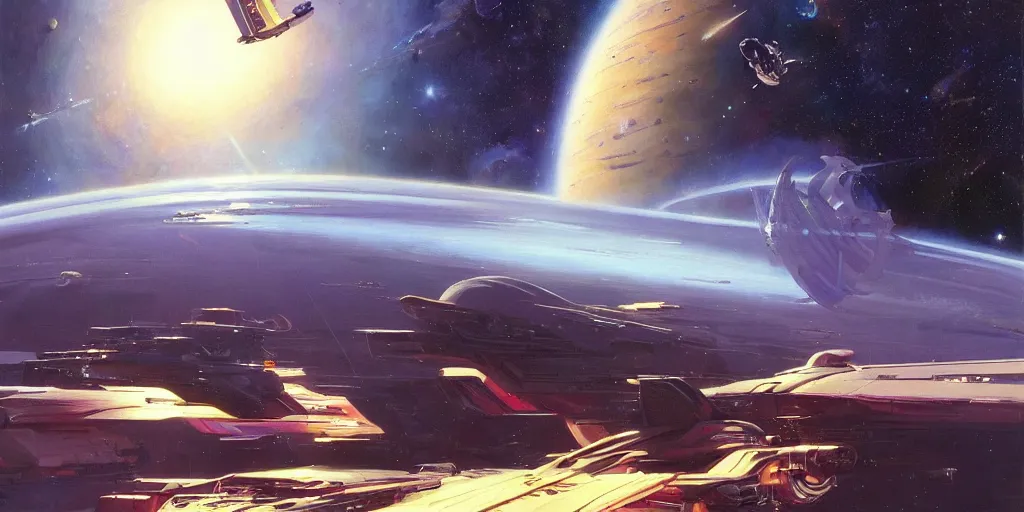 Prompt: a beautiful space scene with a spaceship, ralph mcquarrie, syd mead, john berkey, art bean trending on artstation, highly detailed oil painting, hyperrealistic, cinematic, dramatic lighting