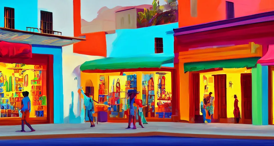 Prompt: beautiful painting of a colorful cuban storefront, front view, animation, digital art, trending in artstation, sunrise cinematic lighting, art style by disney and pixar