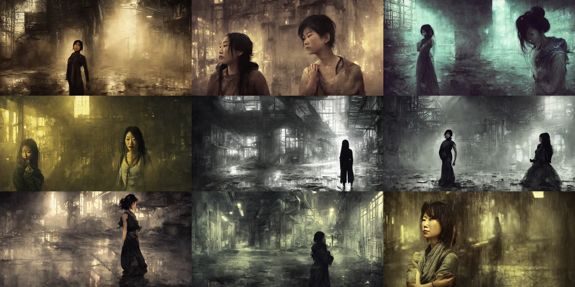 Prompt: photo of an asian woman in abandoned industrial city at night, beautiful face, dark moody lighting, by jeremy mann and alphonse mucha, dramatic lighting, ethereal, stunning, breathtaking, awe - inspiring award - winning, 8 k