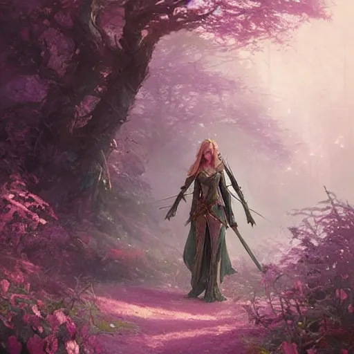 Prompt: Female elven knight in a magical forest with pink flowers and magical energy swirling around, by greg rutkowski and thomas kinkade, Trending on artstation.