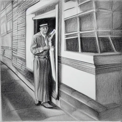 Image similar to a realistic pencil drawing of a milk delivery man of the 1 9 5 0 s, low dutch angle, face in focus, natural lighting, realism