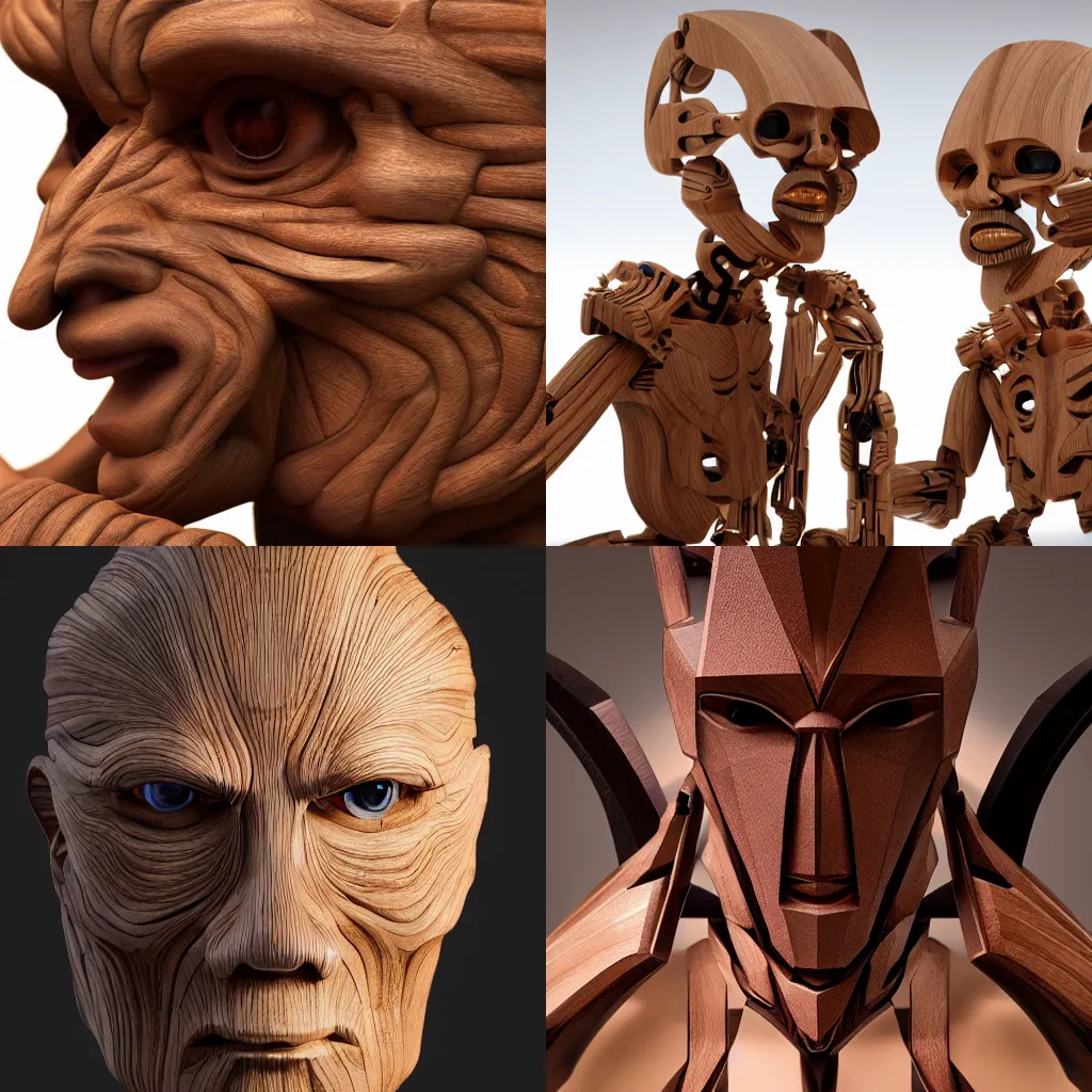 Prompt: an ultra realistic 8k octa photo, wooden art toys ,of an cyber gods ,hyperdetailled ,concept art,minimaliste ,cgsociety