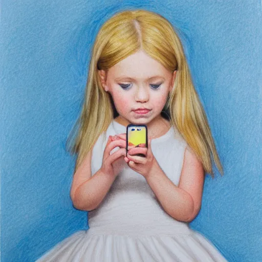 Image similar to 3 year old blonde girl with iphone, colored pencil on white background by eloise wilkin