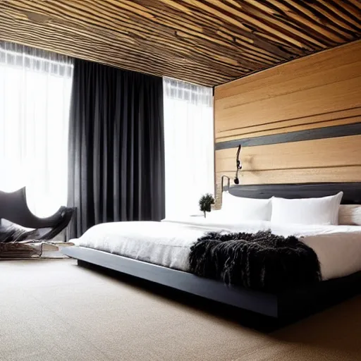 Image similar to bedroom, stone, interior design, stylish luxury hotel bedroom design, yakisugi, black vertical slatted timber, textures, feminine, black walls, art, vase with flowers, Japanese influences