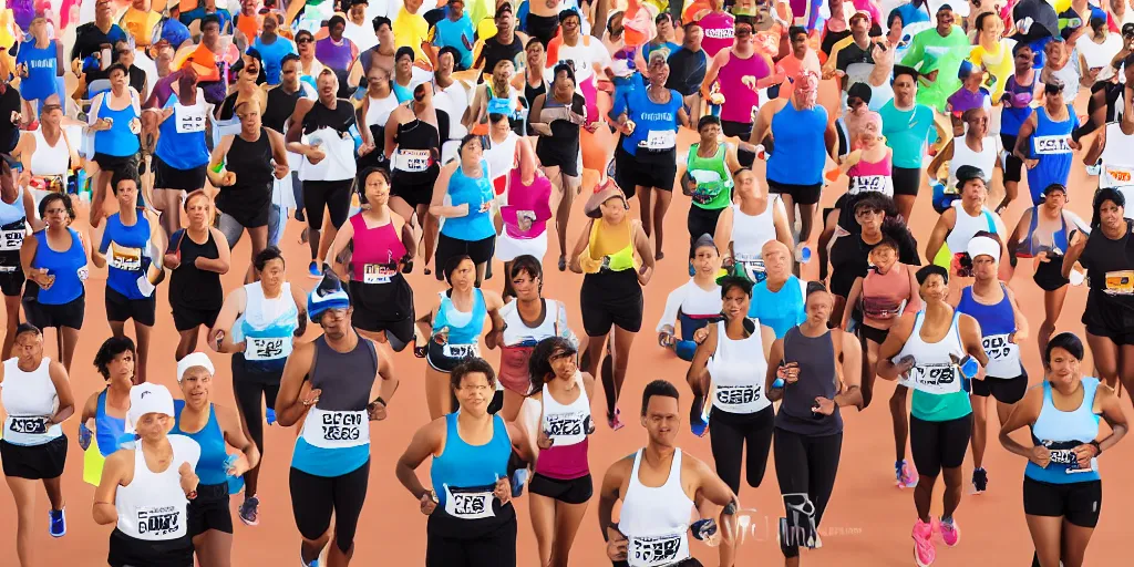 Prompt: Studio Photograph of starting line of many diverse marathon runners. multiple skintones. Warm atmosphere. Beige and black. Frontal. Shot on 30mm Lens. Advertising Campaign. Wide shot. Studio lighting. White background.