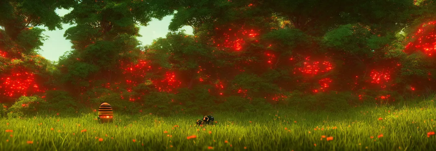 Image similar to stunning glowing dominant large highlighted crimson - black beehive, large cute bee, in a beautiful forest meadow village landscape, flowers, happy trees, photorealistic, octane render, rtx, hdr, unreal engine, digital art widescreen 8 k, studio ghibli, disney, wlop