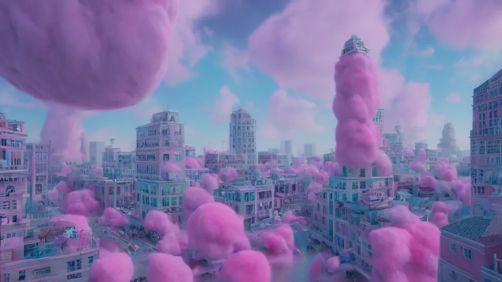 Image similar to a city made of cotton candy, octane render, 8 k, photorealistic