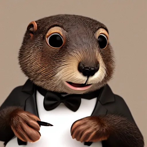 Prompt: brown marmot in a tuxedo while holding a pencil looks to the camera, pixar character, digital art, 3 d rendered in octane, blender, maya, shadows, lighting, cute