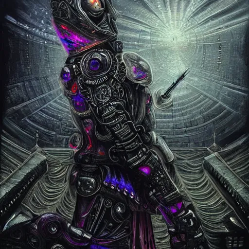 Prompt: Dark gritty realistic highly detailed intricate artistic award winning digital oil painting featuring the iridescent ornate cloaked hooded warrior partially cybernetic dark entity god of future technology brandishing cosmic smoking iridescent weaponry, intricate, ornate, black armor with hints of rainbow and gothic influence, smooth oil painting, muted realistic colors, epic megastructure space scene background, super intricate, galactic, moody colors, black, realistic, real colors, moody, ominous, dangerous aura, microchips, crystallic, iridescent, lasers, gems, multicolored glints, precious elements, beautiful, detailed, concept art, render, unreal engine, 4K, artstation