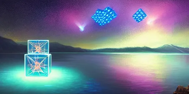 Image similar to beautiful multiple glowing cubes all interconnected to each other with tubes, atmospheric lighting, intricate, volumetric lighting, beautiful, sharp focus, ultra detailed, in the art style of bowater charlie, brom gerald, lake baikal in the background, astrophotography