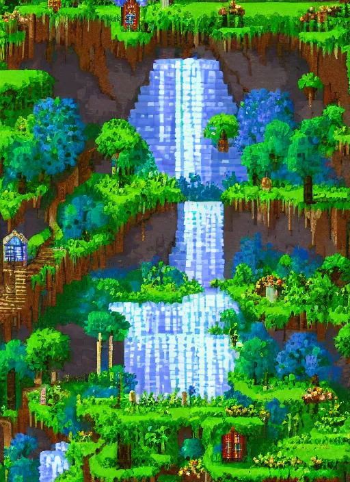 Prompt: frame 4, view of a light meadow and waterfalls, beautiful detailed pixelart by albertov in the style of quest for glory iii, intricate details, beautiful, dithered, gradients, volumetric lighting, cgsociety, artstation, 2. 5 d