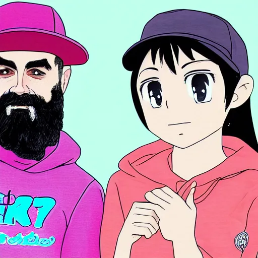 Prompt: hila klein holding hands with keemstar, anime style, digital art, cure, teddy fresh