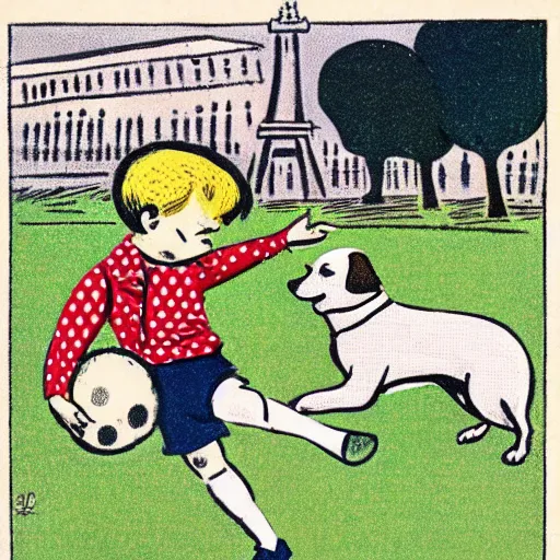 Image similar to illustration of french boy in paris playing football against a corgi, the dog is wearing a polka dot scarf, comic, 1 9 6 2