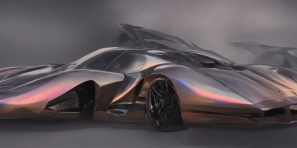 Prompt: full view of a sport car, painted in dark color holographic pearlescent, elegant, digital painting, concept art, smooth, sharp focus, art style from Wang Ke and Greg Rutkowski and Bruce Kaiser and Scott Robertson and Dmitry Mazurkevich and Doruk Erdem and Jon Sibal, small style cue from Mad Max