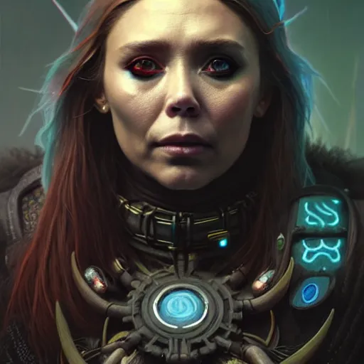 Image similar to portrait painting of a cyberpunk orc shaman extremely muscular ugly elizabeth olsen, ultra realistic, concept art, intricate details, eerie, highly detailed, photorealistic, octane render, 8 k, unreal engine. art by artgerm and greg rutkowski and charlie bowater and magali villeneuve and alphonse mucha