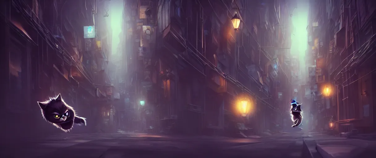 Prompt: hyper detailed concept art of a cute flooffy 3d catman jumping on a dark city alley sharp cinematic lighting 8k low angle shallow depth of field